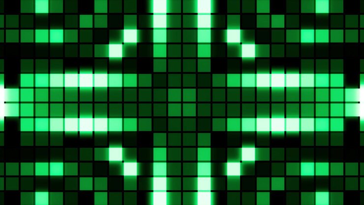 Glowing Green LED Square Grid Background with Abstract Cross Pattern