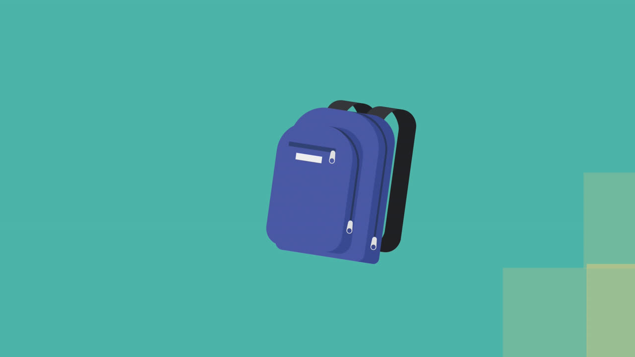 Animasi ikon tas sekolah mengambang di atas latar belakang biru bertekstur kotak-kotak