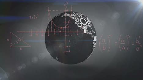 mathematical equations and graphs animation over rotating black sphere with gears