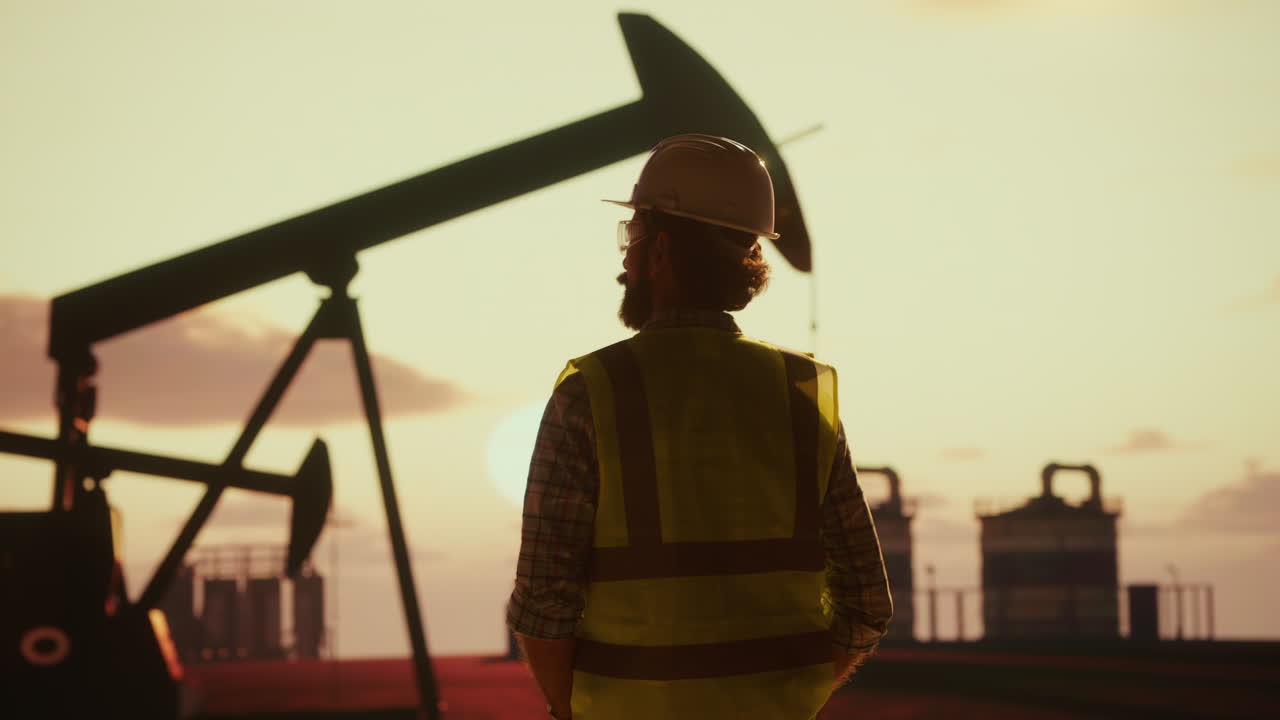 Oil Field Worker Observing Operations at Sunset