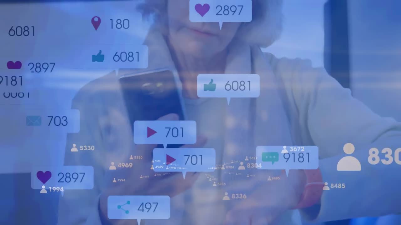 스마트폰을 사용하는 백인 남성들에 대한 아이콘과의 연결 네트워크의 애니메이션