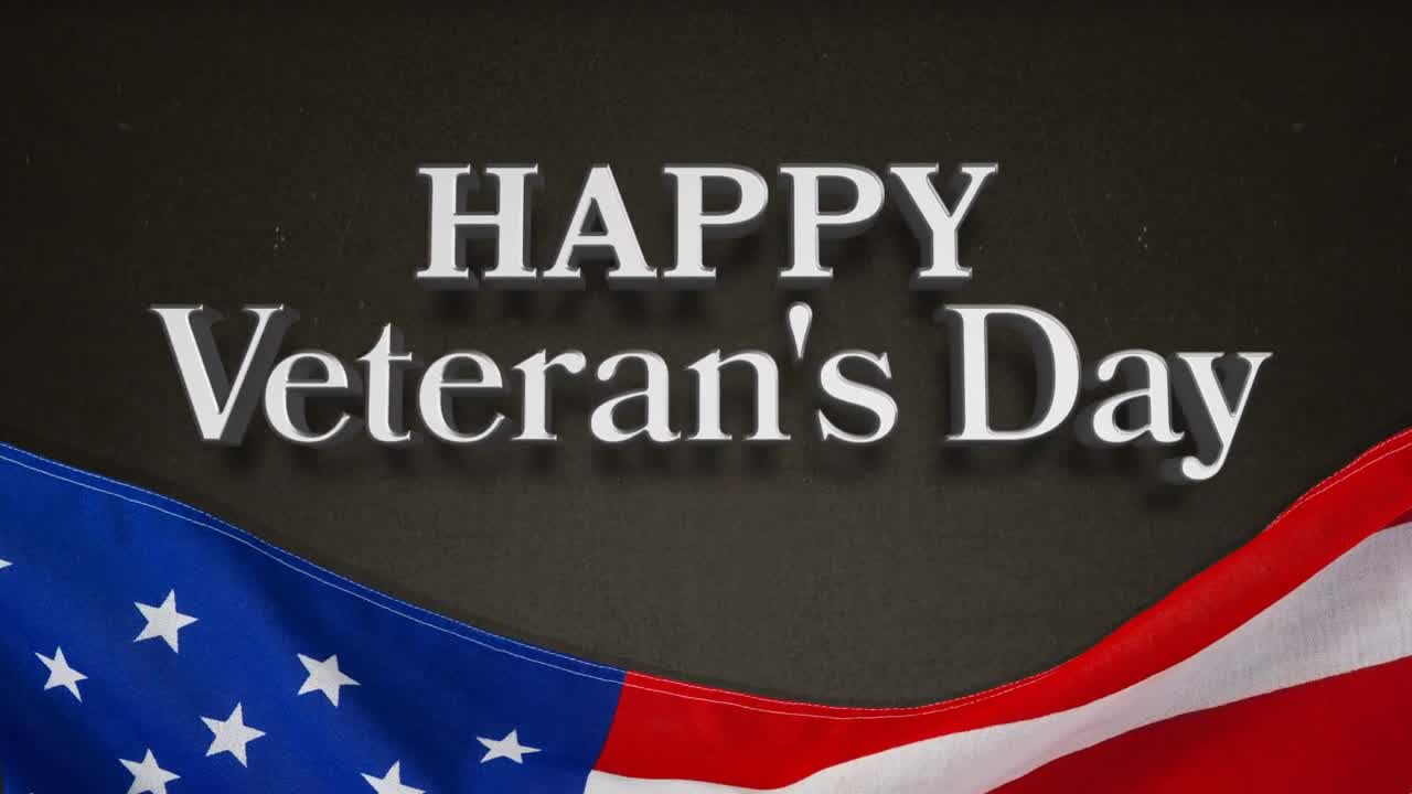 참전용사 날 문자 및 어두운 배경 위에 미국 발을 흔들고 있는 애니메이션