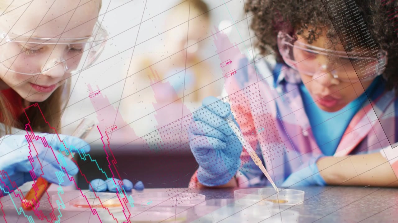 Two girls doing experiment by pipetting orange liquid into dishes, growing data grid over hands