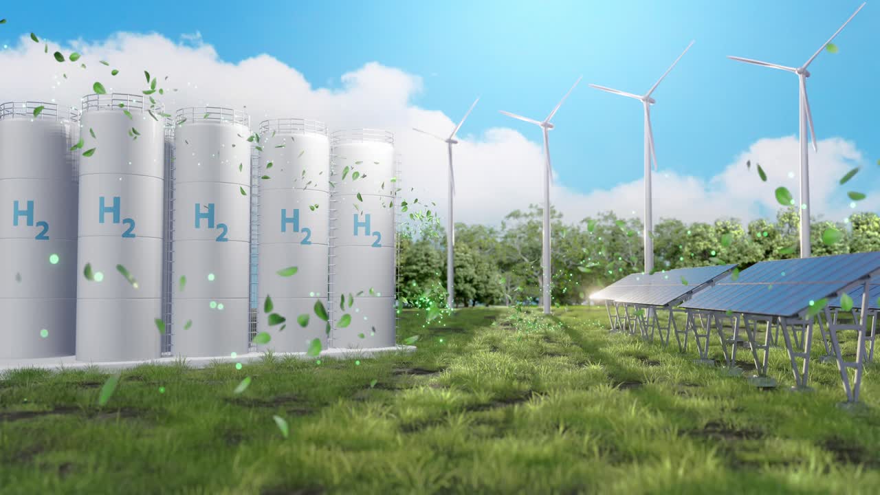 Duurzame energie omvat waterstoftanks, zonne-energie en windturbines, met bladeren en deeltjes die in de omgeving zweven, wat een liefde voor de Aarde vertegenwoordigt.
