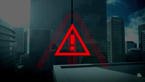 animation of covid 19 warning sign over cityscape