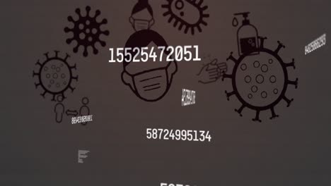 animación digital de múltiples números cambiantes flotando sobre iconos de concepto de covid-19 en fondo marrón