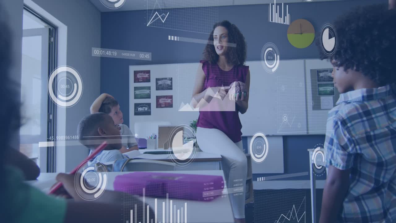 animación del procesamiento de datos sobre diversas maestras con cerebro modelo hablando con los alumnos en clase