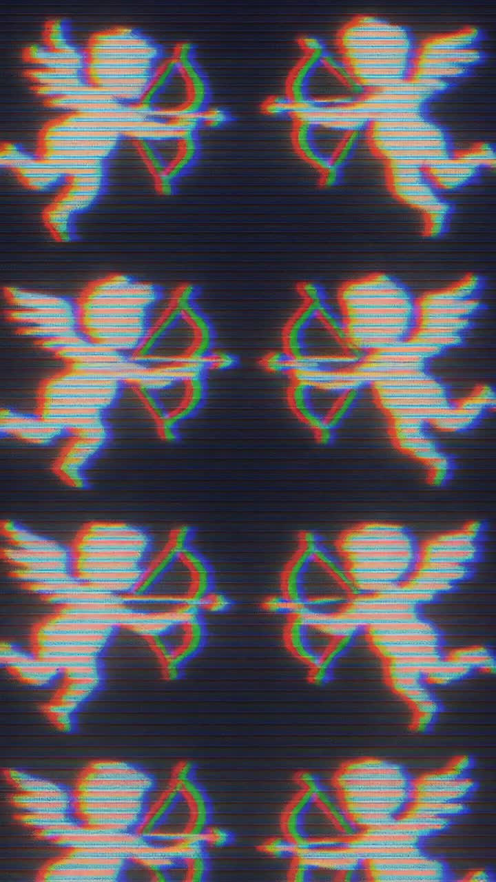 Retro video effect of repeated cherub patterns with a glitchy, VHS-style overlay