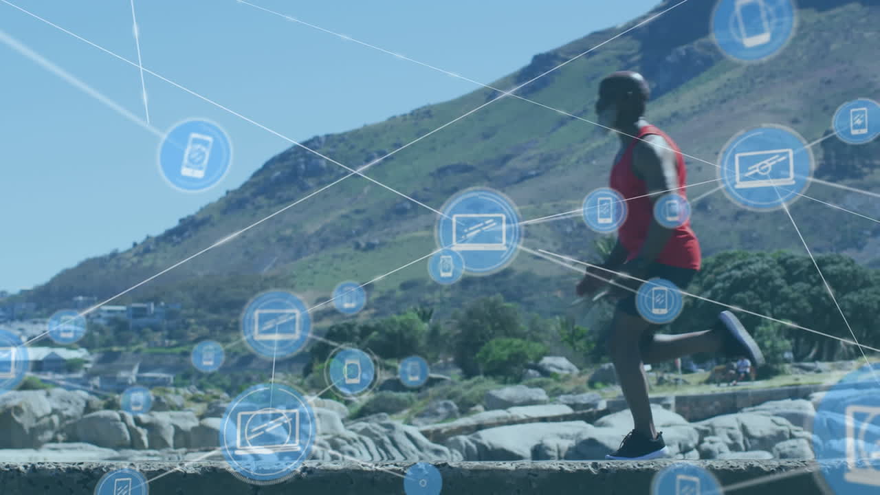 Animation of network of connections over senior african american man running at beach