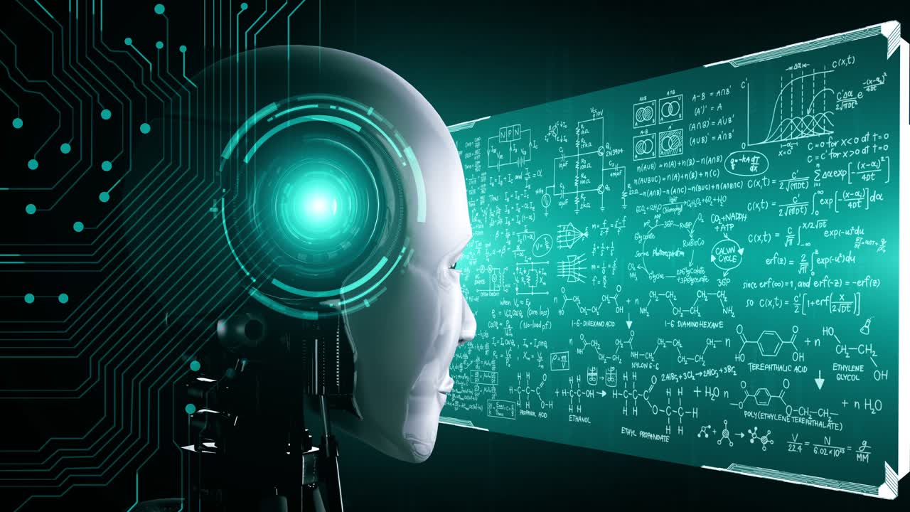 hominoid AI robot looking at hologram screen in concept of math calculation
