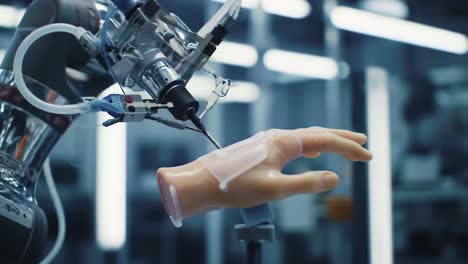 exploring the intersection of technology and biology: a robotic arm skillfully creating, modifying, and innovating a human-like prosthetic hand in a modern laboratory environment