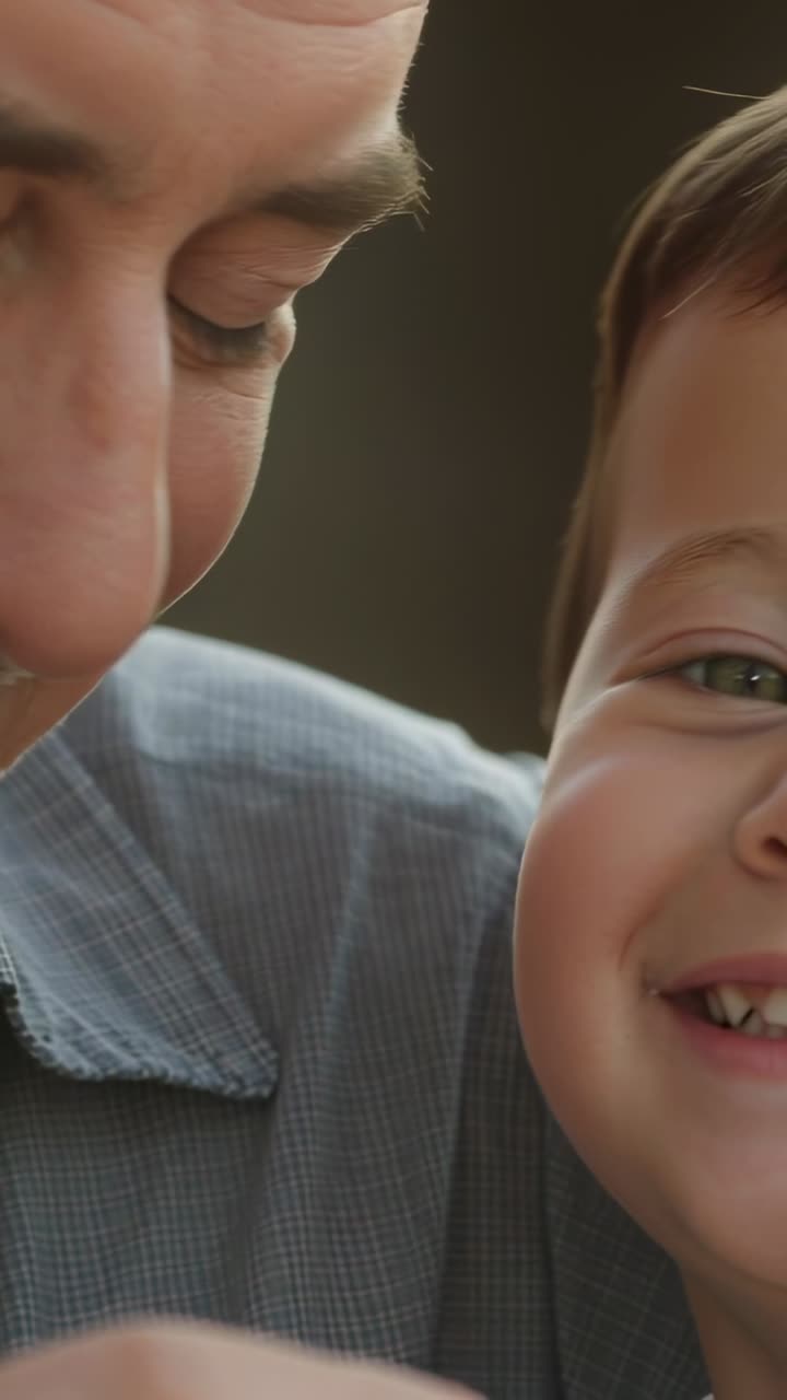 Video verticale: Padre con camicia grigia che si china facendo ridere il bambino in primo piano, rivelando uno spazio tra i denti.