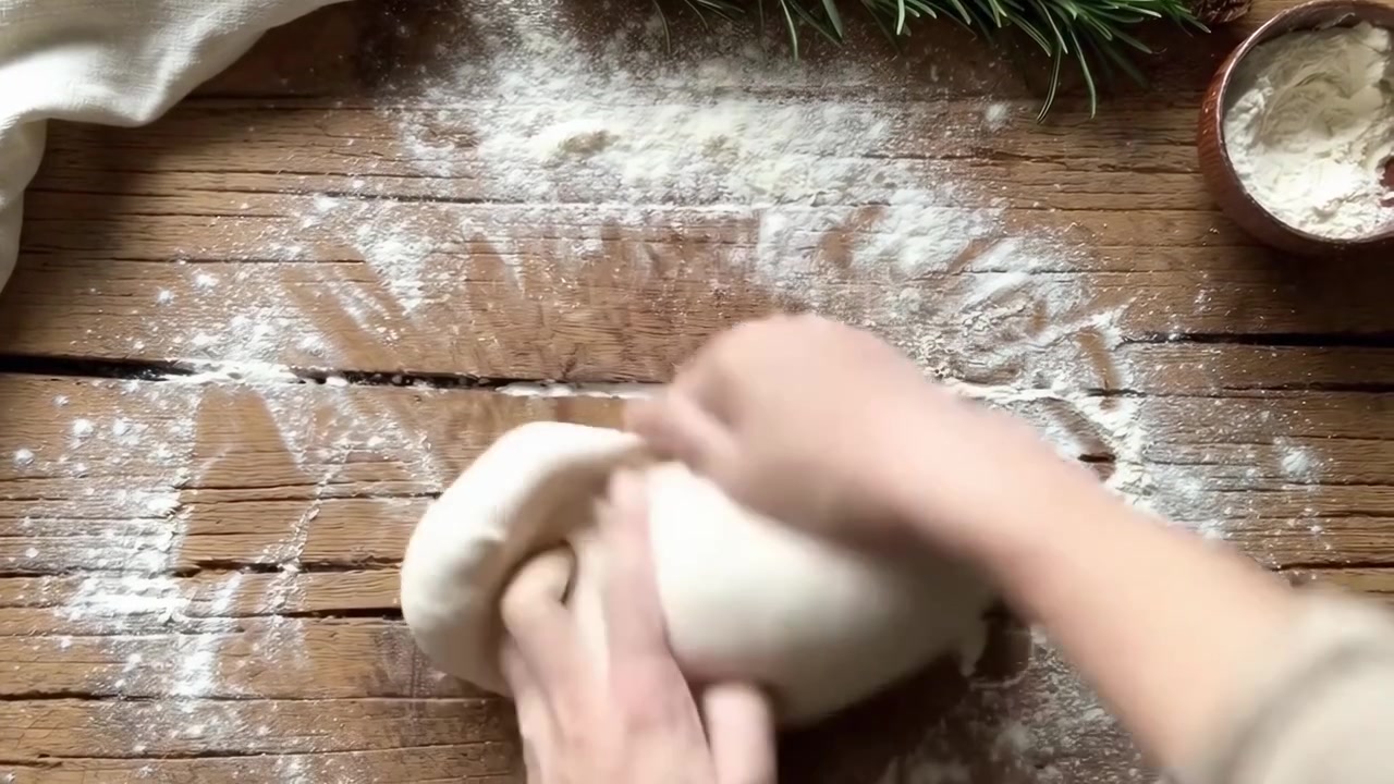 Hands Kneading Dough on a Rustic Wooden Table
