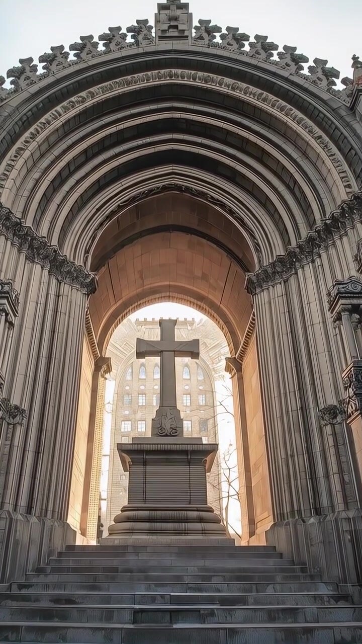 Video verticale: Telecamera in panoramica che si inclina verso l'alto, mostrando una croce di pietra su un piedistallo in una piazza, rivelando un arco.