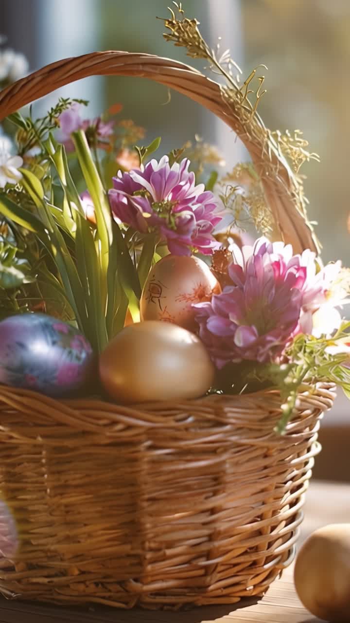 A Beautifully Crafted Easter Basket Filled with Vibrant Flowers and Colorful Eggs, Perfectly Showcasing Nature's Spring Splendor and Celebratory Spirit