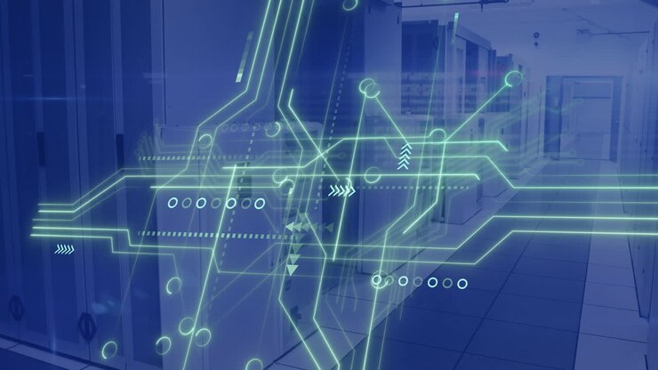 Animation of circuit board and data processing over computer servers