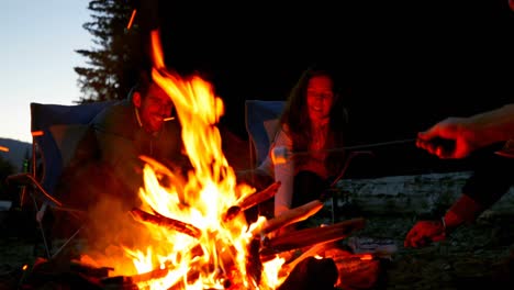 group of hikers roasting marshmallows near campfire 4k