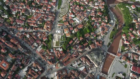 aerial view of the tomb in the city center, view of the tomb in the center of the city in bosnia, drone view of streets and roofs of houses