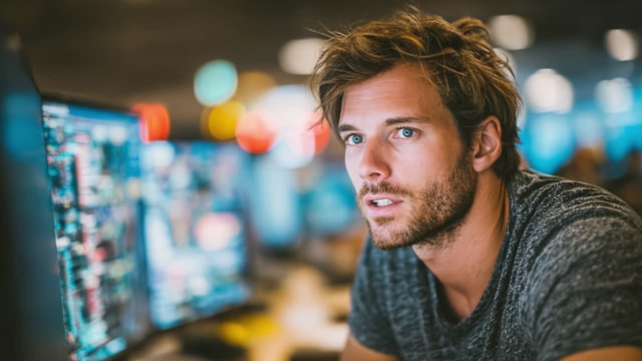 Focused Individual Analyzing Data on Multiple Monitors in a Modern Workspace with Abstract Background Elements and Clear Digital Displays