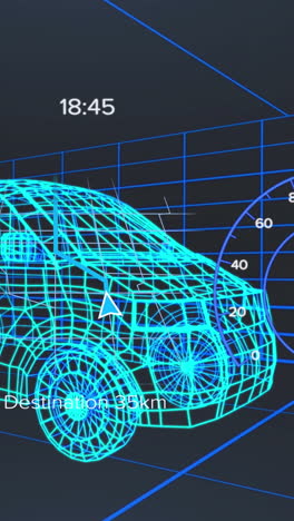 animation of speedometer, gps and charge status data on vehicle interface, over 3d van model