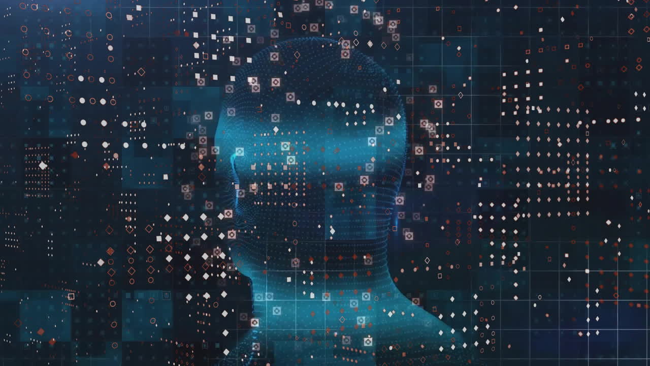animación de escaneo de la cabeza humana y procesamiento de datos sobre un fondo oscuro
