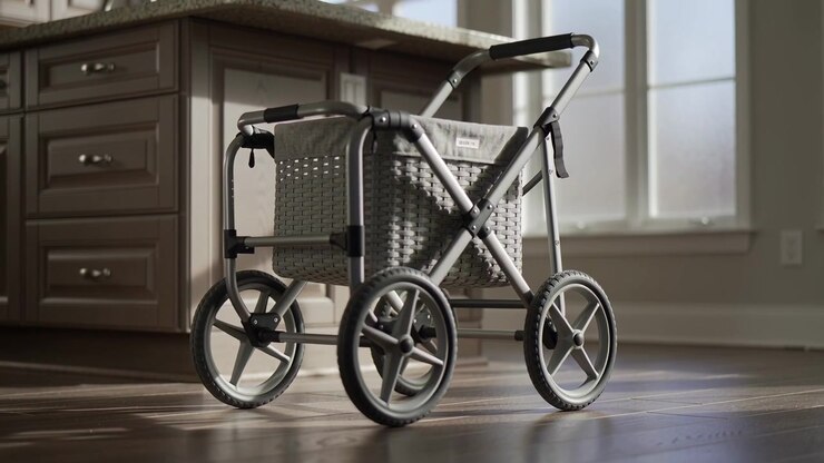 Rolling 4-wheel rollator with woven basket moving in kitchen after tilt, settling near island