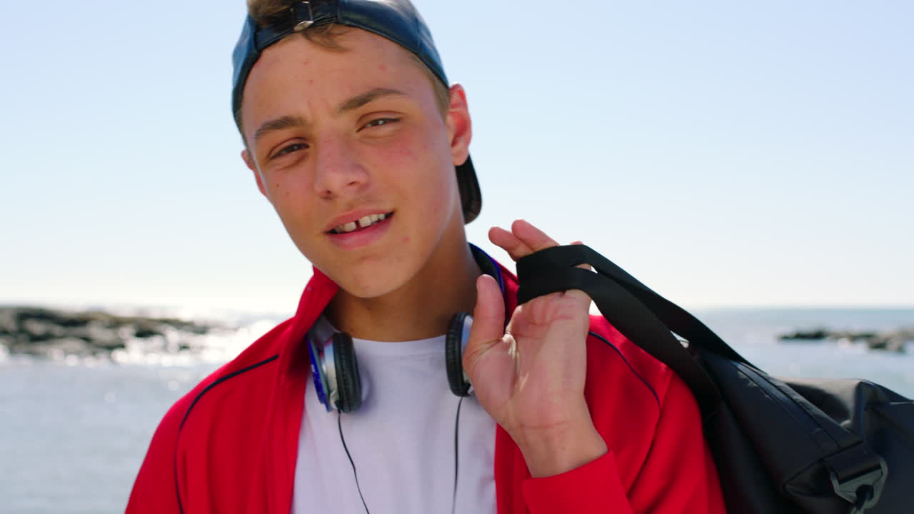 얼굴, 미소와 해변 가방을 가진 십대