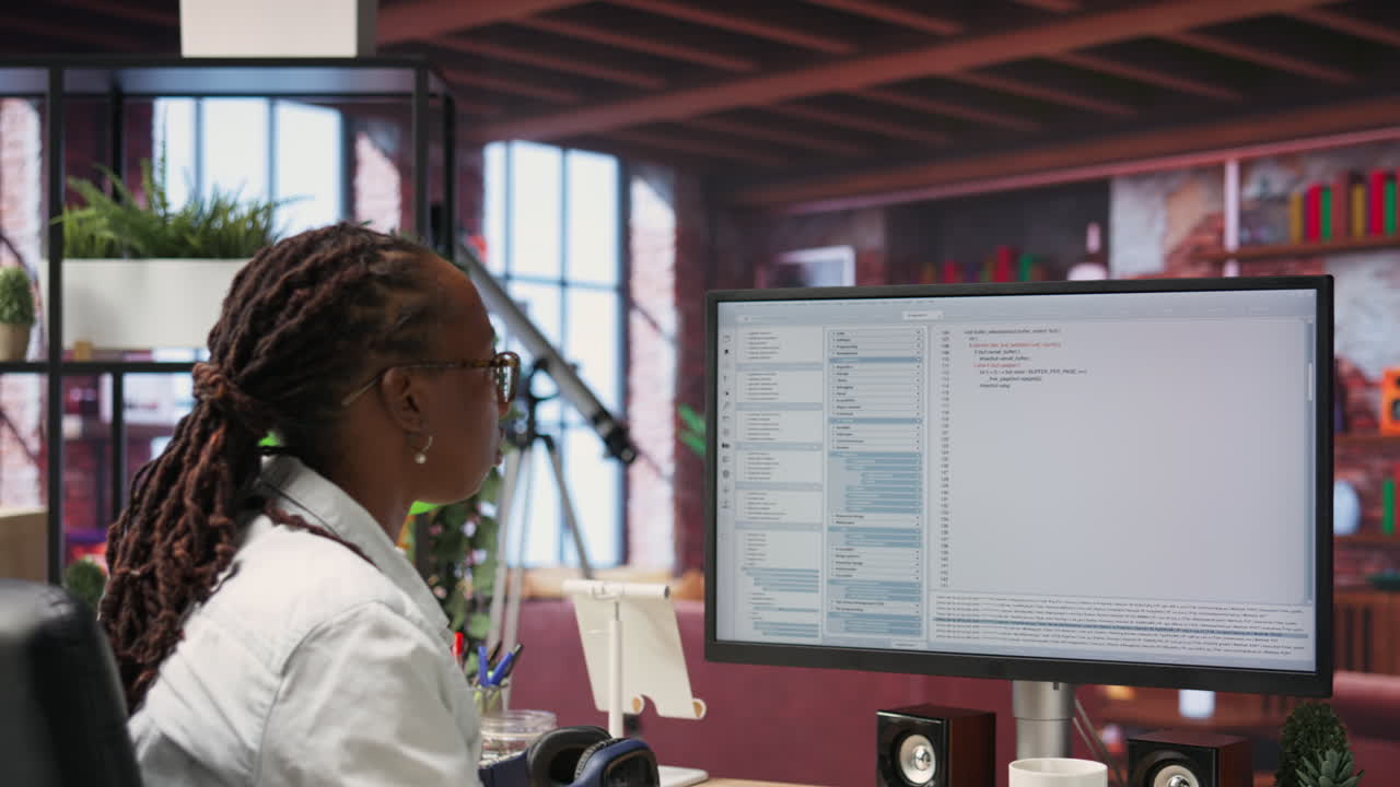 System administrator types code into PC, developing software