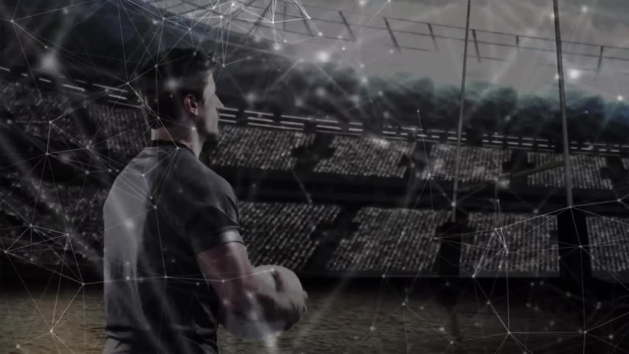 Animação de rede de conexões sobre jogador de rugby segurando a bola em estádio