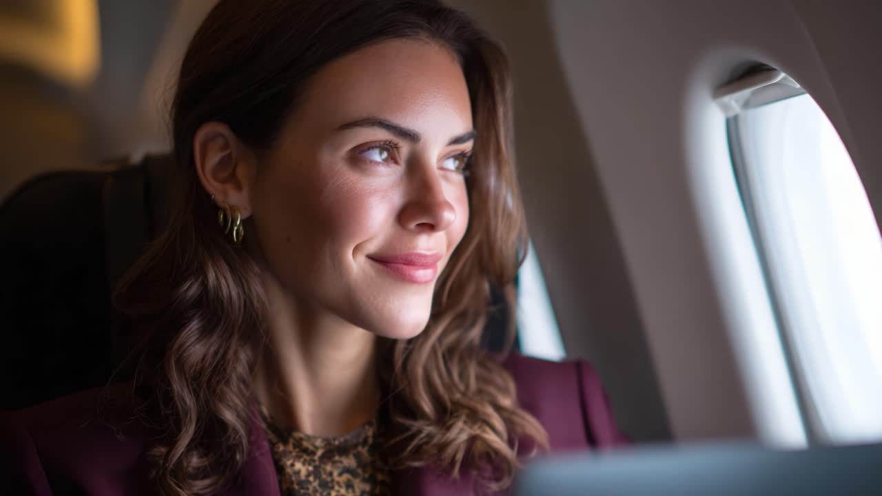 Momento affascinante di una giovane donna che si gode un volo con un sorriso, mentre guarda fuori dal finestrino dell'aereo e usa il suo laptop per lavoro o svago