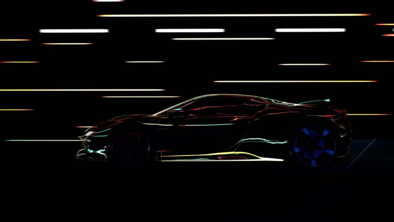 3D Speeding Sports Car On Neon. Powerful Acceleration Of A Supercar On A Night Track With Colorful Lights And Trails. 3D Animation