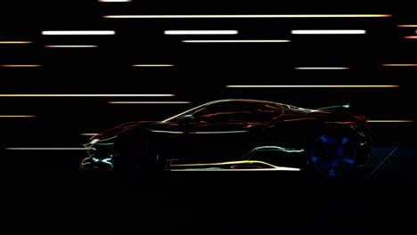 3d speeding sports car on neon. powerful acceleration of a supercar on a night track with colorful lights and trails. 3d animation