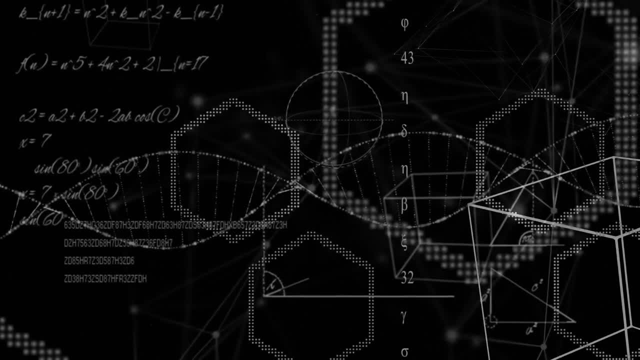 검은색 배경에 과학적 데이터 처리 위에 회전하는 dna 가닥의 애니메이션