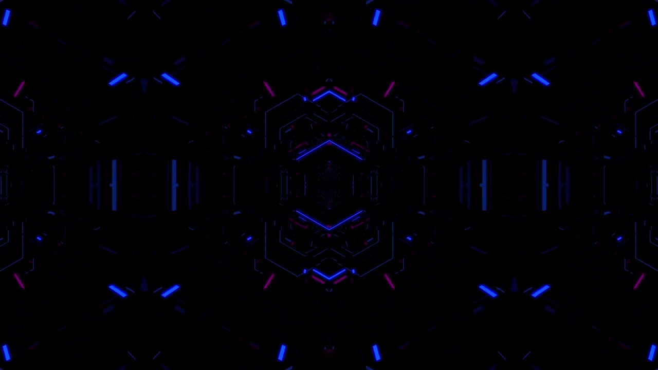 Tunnel Geometrico Astratto al Neon con Luci Blu e Rosa Pulsanti