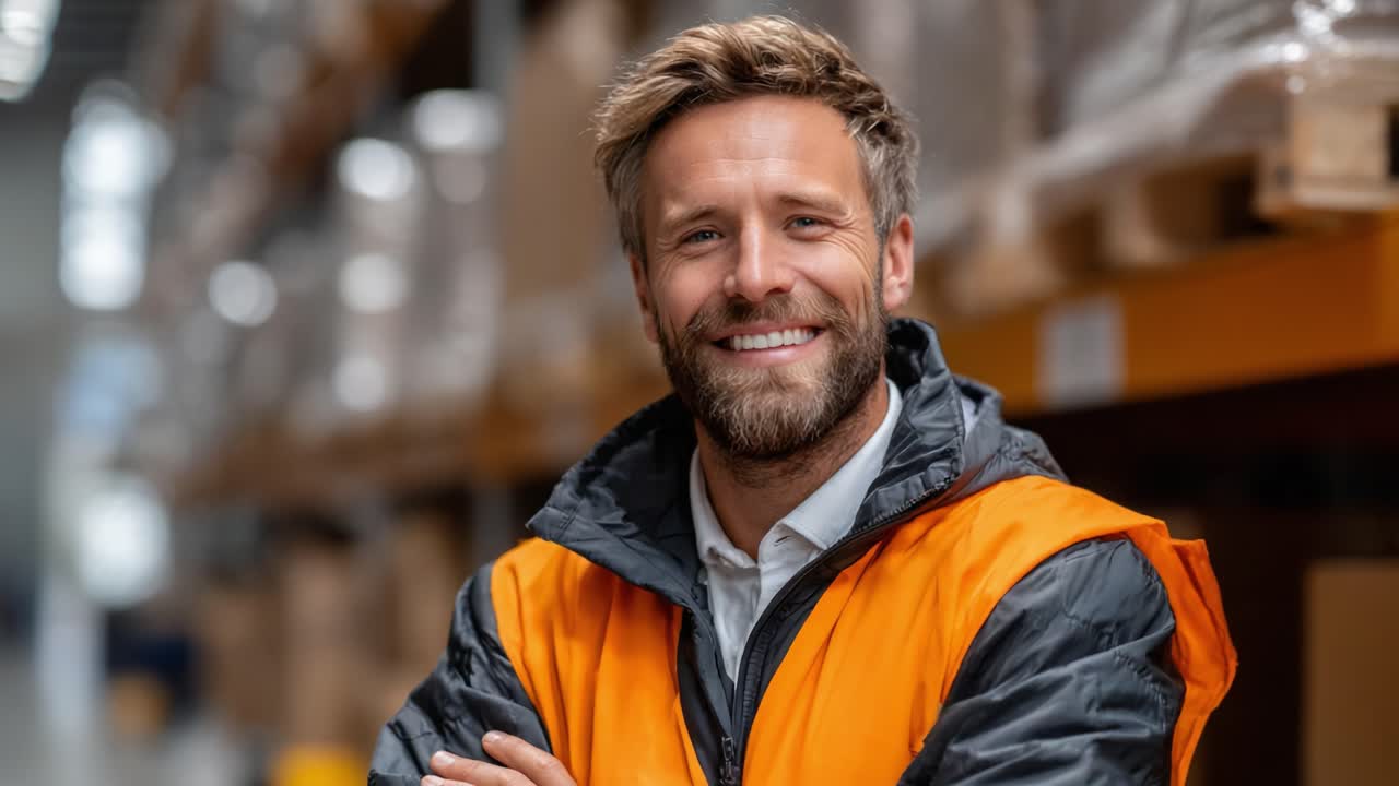 A confident warehouse worker sporting an orange safety vest, smiling brightly while standing in an organized storage area filled with neatly stacked items