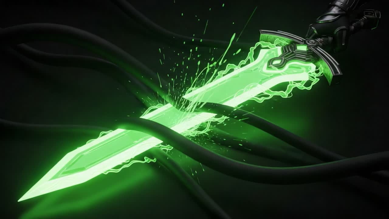 A Mystical Green Blade: An Enigmatic Sword Wrapped in Dark Tendrils, Radiating Energy and Power with a Striking Visual Contrast of Light Against Darkness