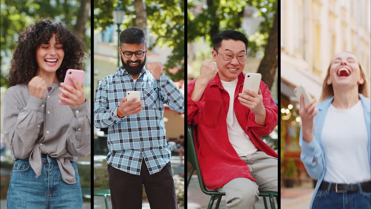 웃는 행복한 사람들의 콜라지 남자 여자들 모바일 스마트폰을 사용하고 축하하고 좋은 소식을 얻고 게임을 즐기고
