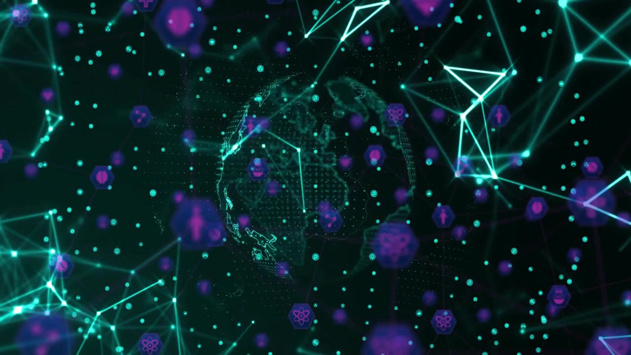 Glowing digital globe being animated in flat design, showing turquoise nodes and purple hex icons