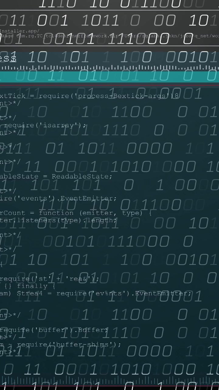 Vertical video: Terminal appearing, code filling pane while binary overlay rising for debugging