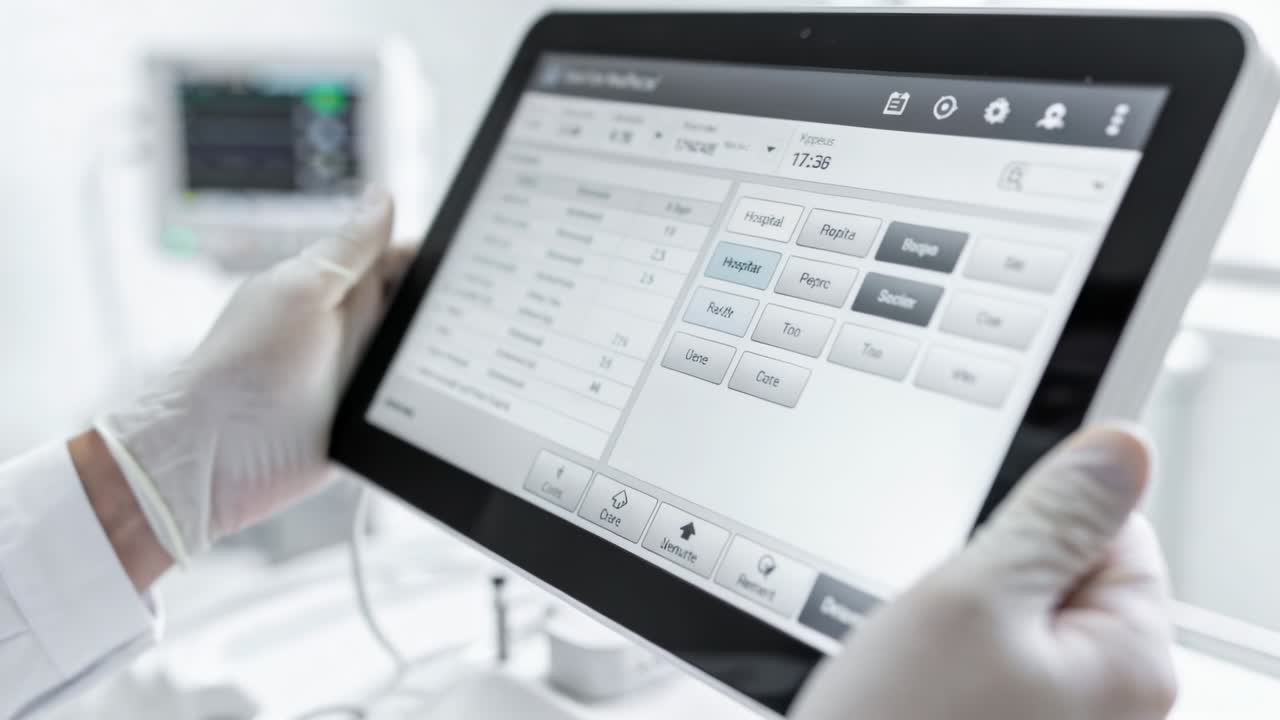 Tapping gloved finger on touchscreen tablet in clinic room, wearing white lab coat, patient monitor