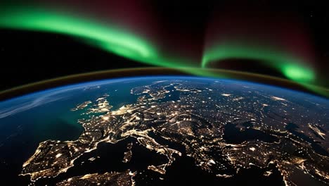 earth at night with aurora borealis over europe