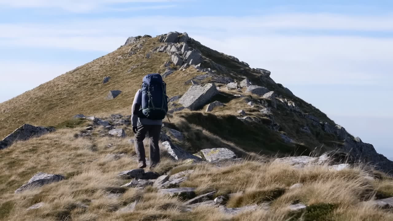 Senderista Caminando por Cresta de Montaña Bajo el Cielo, con Mochila, Navegando Sendero Rocoso entre Pasto, Firme