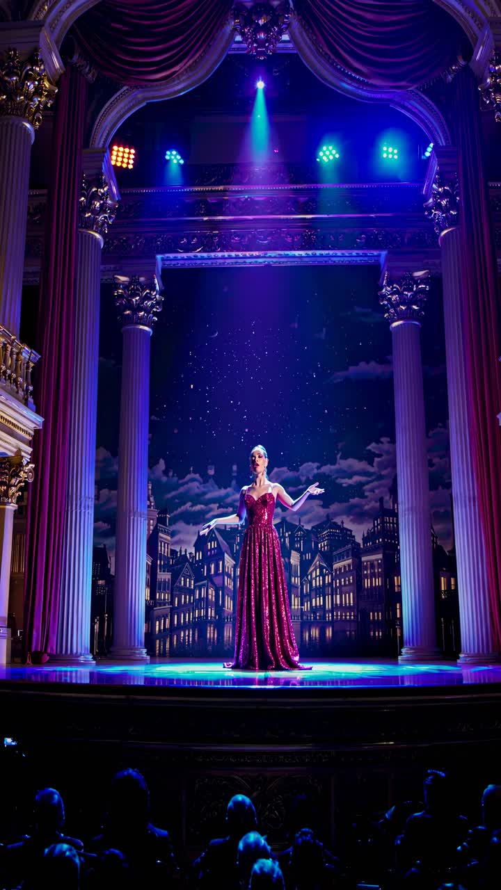 A performer in a sparkling gown sings on a grand stage with cityscape backdrop