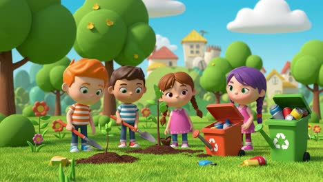 animated children engage in eco-friendly gardening, planting seedlings in a vibrant park while recycling, emphasizing teamwork and environmental stewardship