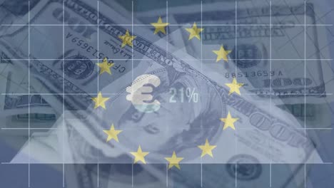 animation of euro symbol with increasing percentage and waving eu flag against spinning dollar bills