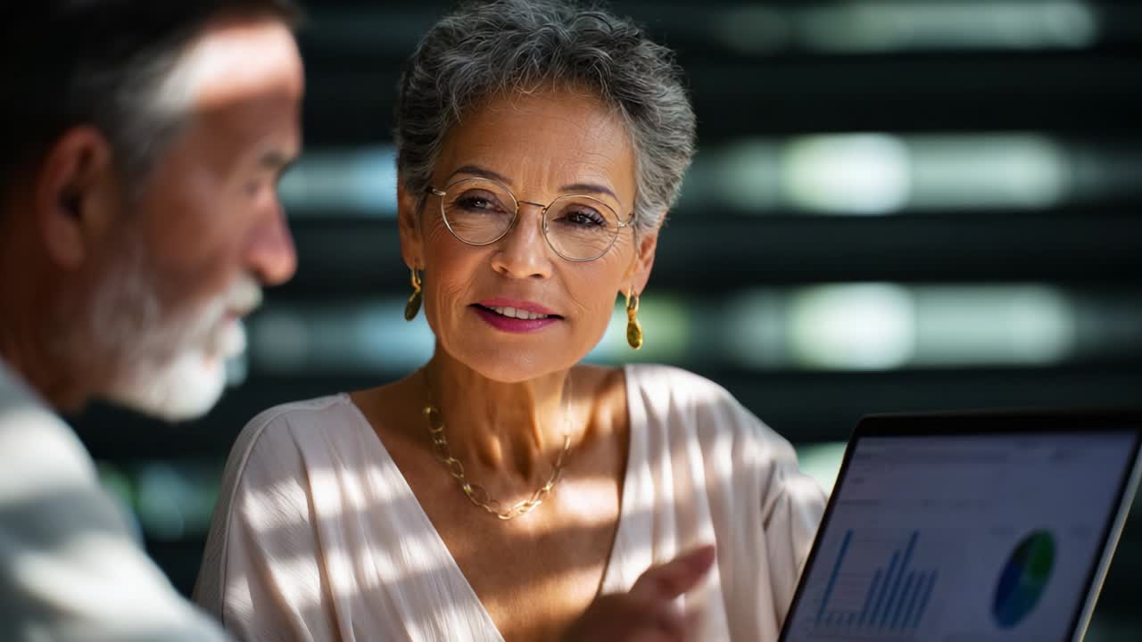 Engaging Discussion: A Thoughtful Woman in Spectacles Shares Insights on Data Analysis with a Colleague During a Focused Meeting, Exuding Confidence and Professionalism in a Modern Workspace Setting
