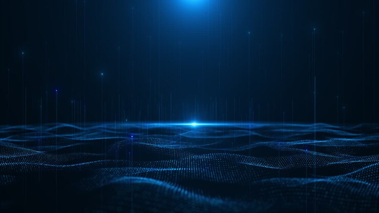 Sfondo con flusso di big data, tecnologia di rete dati, particelle di ciberspazio digitale e circuito stampato per il data mining