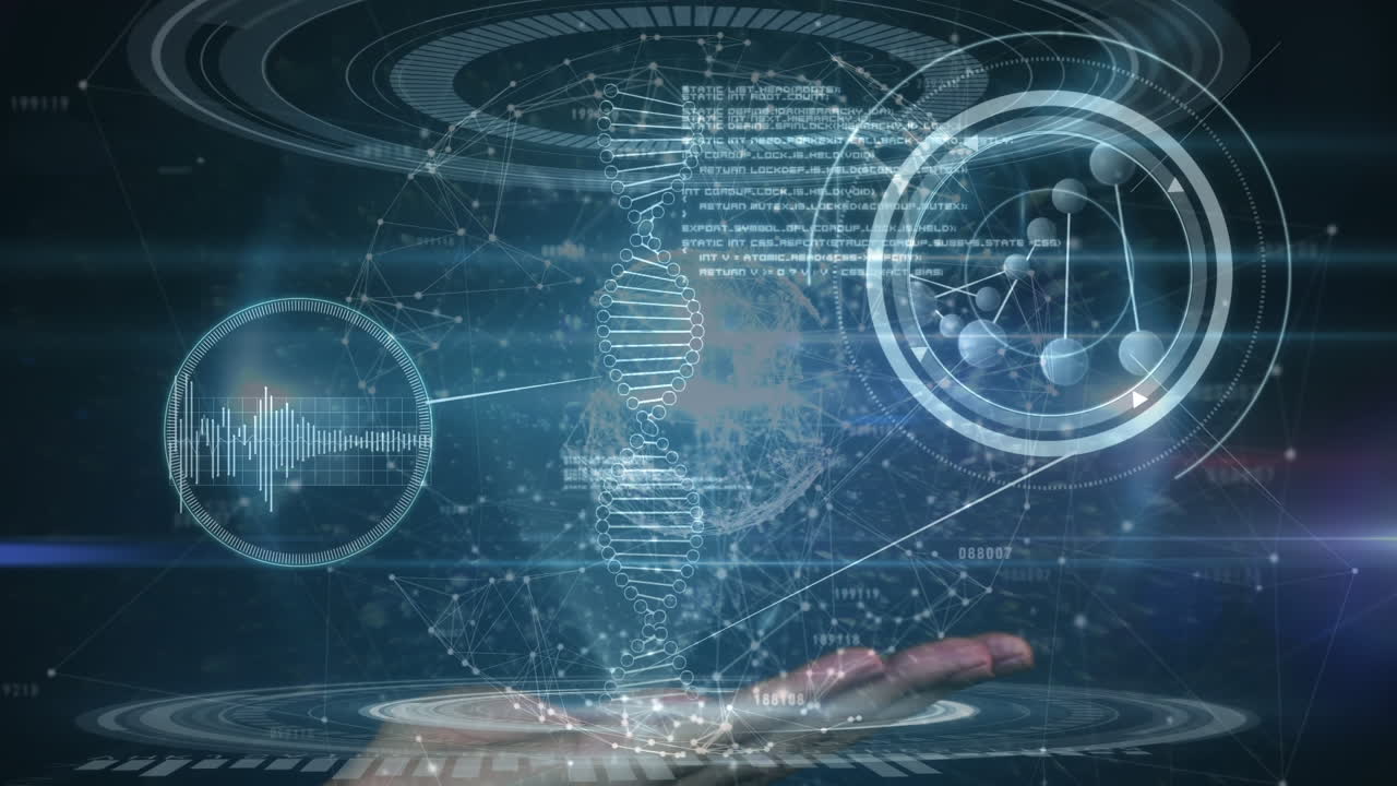 과학적 데이터 처리를 통해 dna 가닥을 회전시키는 애니메이션