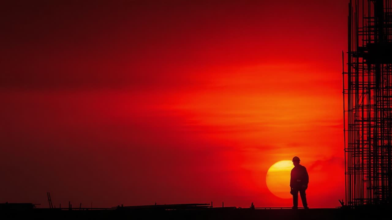 A solitary figure stands against a stunning backdrop of a setting sun, highlighting the beauty and tranquility of the evening while working on a construction site