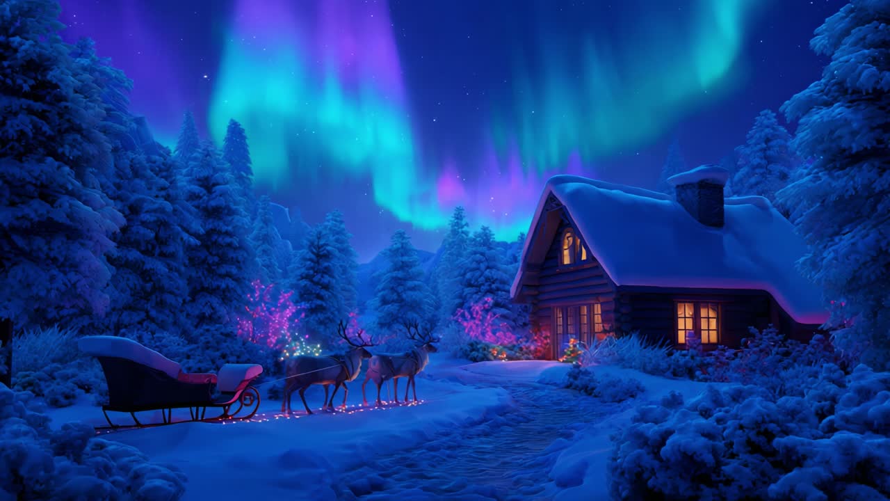A tranquil winter scene featuring a festive cabin illuminated under the vibrant auroras, surrounded by snowy trees and a charming sleigh stands with reindeer, embodying the magic of the holiday season